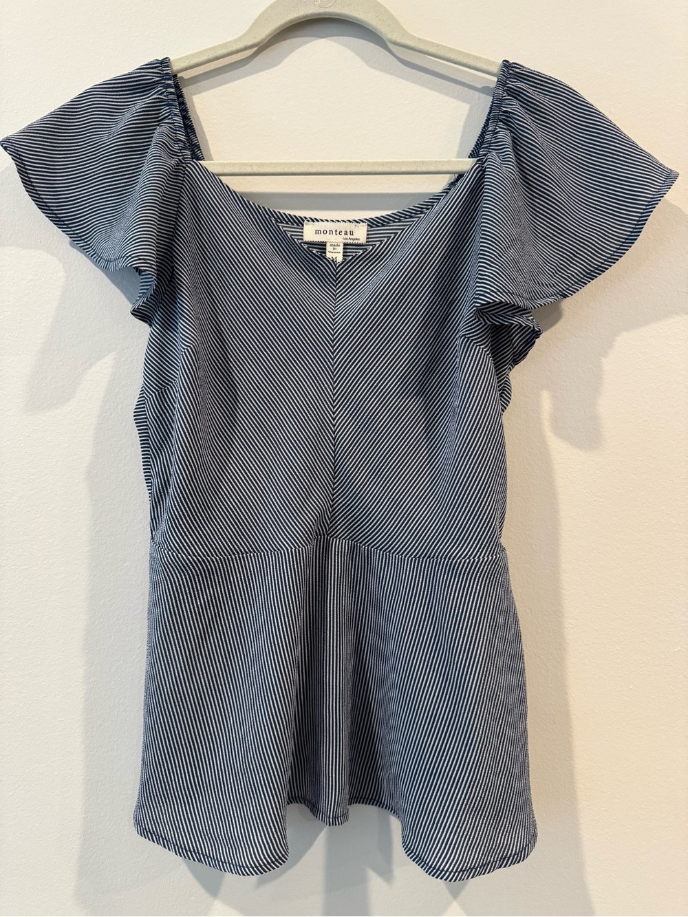 Monteau Navy and White Striped Peplum Top